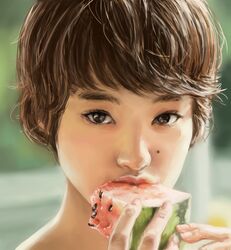  black_eyes black_hair commentary_request derivative_work female food fruit looking_at_viewer mole nikuo short_hair solo watermelon 