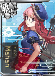  beret book card_(medium) card_parody character_name commentary_request egasumi female frown glasses hat jeanex kantai_collection long_hair looking_back mahan_(pacific) original pacific_(kancolle) photoshop_(medium) pink_hair purple_eyes ribbon solo 