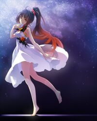  barefoot black_hair commentary_request dress female gradient_hair hair_ornament highres long_hair multicolored_hair orange_hair original ponytail smile solo strib_und_werde white_dress 