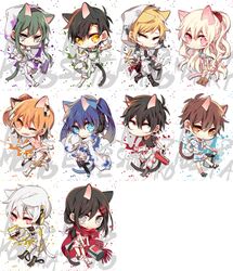  5boys 5girls alternate_costume amamiya_hibiya animal_ears black_hair blonde_hair blue_eyes blue_hair brown_hair can cat_ears cat_tail character_name chibi commentary_request ene_(kagerou_project) full_body green_hair headphones holding holding_can holding_paint_roller holding_paintbrush hood hoodie kagerou_project kano_shuuya kido_tsubomi kisaragi_momo kisaragi_shintarou konoha_(kagerou_project) kozakura_marry long_hair looking_at_viewer multiple_boys multiple_girls paint paint_can paint_on_clothes paint_roller paint_splatter paintbrush red_eyes red_scarf sapphire_(nine) scarf seto_kousuke short_hair side_ponytail tail tateyama_ayano twintails white_background 