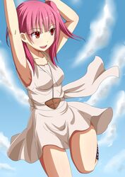  :d armpits commentary_request dress female hands_up highres jewelry kurohachiboku looking_at_viewer magi_the_labyrinth_of_magic morgiana one_side_up open_mouth pendant pink_hair red_eyes smile solo 