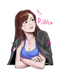  ^^^ artist_name bad_id bad_twitter_id black_jacket blue_nails breasts brown_eyes brown_hair character_name cleavage closed_mouth clothes_writing collarbone crossed_arms d.va_(overwatch) earrings eyelashes facepaint facial_mark female fingernails heart highres ho_linlin jacket jewelry letterman_jacket lips long_hair long_sleeves medium_breasts nail_polish necklace nose overwatch overwatch_1 pink_lips pink_nails sleeveless smile solo spoken_heart tank_top upper_body whisker_markings 