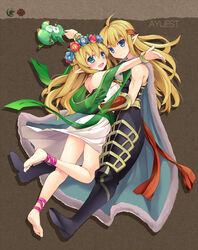  1boy ankle_lace-up ankle_ribbon anklet aqua_eyes armor bankoku_ayuya barefoot blonde_hair blue_eyes boots bracelet brother_and_sister cape commentary_request cross-laced_footwear dress elf feet female flower freyja_(p&amp;d) freyr_(p&amp;d) gloves hair_flower hair_ornament head_wreath headband hug jewelry leg_ribbon long_hair muscular pointy_ears puzzle_&amp;_dragons ribbon siblings veil 