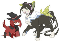  2girls aberu514 bell bell_collar black_hair black_hat blush chabashira_tenko choker cloak danganronpa duo fur green_eyes hair_ornament hairclip hat multiple_girls new_danganronpa_v3 open_mouth red_eyes ribbon wink witch_hat yumeno_himiko 