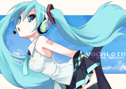  aqua_eyes aqua_hair commentary_request female hatsune_miku headphones headset long_hair necktie partial_commentary skirt solo thighhighs twintails very_long_hair vocaloid yamano_sachi zettai_ryouiki 