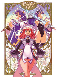  3girls ahoge armor armored_dress art_nouveau braid brown_eyes cross crown curly_hair dark_eclair dress dual_persona earrings eclair_(la_pucelle) flower gloves green_eyes happy hat headdress holding holding_scepter jewelry la_pucelle leotard long_hair long_sleeves multiple_girls official_art pantyhose pink_hair prier purple_hair red_eyes ribbon ryoji_(nomura_ryouji) scepter star_(symbol) sword weapon 