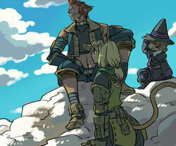  2boys animal_ears black_mage_(final_fantasy) blonde_hair cat_ears cat_tail cloud commentary_request day elf elvaan emu_(losspass) female final_fantasy final_fantasy_xi mithra_(ff11) multiple_boys nekokari pointy_ears ranger_(final_fantasy) red_hair sky sumitaru tail tarutaru the_iron_of_yin_and_yang thief_(final_fantasy) tsuufuu 