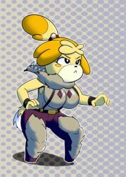  2017 animal_crossing anthro big_breasts breasts canid canine canis clothed clothing crossover crouching digital_media_(artwork) domestic_dog female freepancakes fur hair hi_res isabelle_(animal_crossing) mammal nintendo shih_tzu short_stack skullgirls solo tight_clothing toy_dog yellow_body yellow_fur 