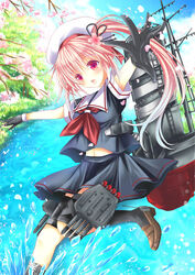  bad_id bad_pixiv_id black_gloves blue_hair cherry_blossoms commentary_request female gloves gradient_hair hair_ornament hair_ribbon harusame_(kancolle) hat kantai_collection long_hair looking_at_viewer machinery maya_(tirolpop) multicolored_hair navel open_mouth outstretched_arms petals photoshop_(medium) pink_eyes pink_hair pleated_skirt ribbon school_uniform serafuku side_ponytail skirt solo spread_arms 