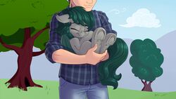  16:9 2016 bat_pony carrying_another closed_eyes clothing duo equid fan_character female feral green_hair hair hasbro hi_res hooves hug human male mammal my_little_pony plant pusspuss sleeping smile tree underhoof widescreen young young_female young_feral 