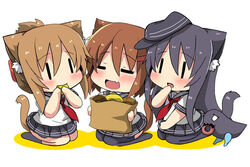  3girls :d akatsuki_(kancolle) animal_ear_fluff animal_ears bag black_hair black_headwear black_pantyhose black_sailor_collar black_skirt black_socks black_thighhighs blush brown_hair cat_ears cat_girl cat_tail chibi closed_eyes colored_shadow commentary_request doughnut eating flat_cap folded_ponytail food hair_between_eyes hat holding holding_bag holding_food i-class_destroyer ikazuchi_(kancolle) inazuma_(kancolle) kantai_collection kemonomimi_mode kneehighs long_hair multiple_girls necktie no_shoes oerba_yun_fang open_mouth oshiruko_(uminekotei) pantyhose paper_bag photoshop_(medium) pleated_skirt red_necktie sailor_collar school_uniform serafuku shadow shirt short_sleeves skirt smile socks tail thighhighs tilted_headwear very_long_hair white_background white_shirt |_| 