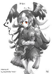  belt belt_buckle bird_girl bird_tail breast_pocket breasts buckle character_name chiki_yuuko commentary_request copyright_name feathered_wings female hands_on_own_stomach head_wings holding_stomach hungry jacket kemono_friends long_hair military_jacket pocket red_eyes skirt solo spot_color stomach_growling tail translation_request wings yatagarasu_(kemono_friends) 