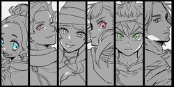  3boys 3girls annoyed asta_(black_clover) black_border black_bulls black_clover border capelet charmy_pappitson cigarette close-up column_lineup ear_piercing eating expressionless finral_roulacase food greyscale hair_bun hair_up hat headband highres long_hair looking_at_viewer monochrome muffin multiple_boys multiple_girls nasaya_(sayayu) noelle_silva one_eye_closed piercing ponytail portrait short_hair single_hair_bun smile smirk spot_color vanessa_enoteca white_background witch_hat yami_sukehiro 