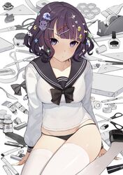  alternate_costume art_supplies bad_id bad_twitter_id black_bow black_bowtie black_footwear black_panties blunt_bangs blush bow bowtie breasts cameo collarbone emoji eraser fate/grand_order fate_(series) female hair_ornament hairclip katsushika_hokusai_(fate) long_sleeves no_pants octopus oniku_(oishii_oniku) paintbrush panties pencil purple_eyes purple_hair sailor_collar school_uniform scissors serafuku short_hair sitting solo stapler tape thighhighs tokitarou_(fate) underwear white_background white_thighhighs 