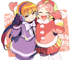  2girls arms_up black_gloves cowboy_shot dated earmuffs gloves long_hair luo_xiaobai luo_xiaohei_zhanji mittens multiple_girls open_mouth orange_eyes orange_hair pantyhose pink_hair pleated_skirt red_mittens red_skirt shanxin_(the_legend_of_luoxiaohei) skirt smile thumbs_up twitter_username vox white_legwear 