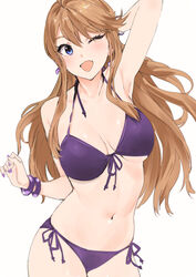  ahoge arm_behind_head arm_up bare_shoulders bikini blue_eyes breasts brown_hair cleavage collarbone cowboy_shot earrings female front-tie_bikini_top front-tie_top goshiki_suzu halterneck hand_up highres idolmaster idolmaster_million_live! idolmaster_million_live!_theater_days jewelry large_breasts long_hair looking_at_viewer multiple_bracelets navel one_eye_closed open_mouth purple_bikini purple_bracelet purple_nails side-tie_bikini_bottom simple_background smile solo standing string_bikini swept_bangs swimsuit tokoro_megumi white_background 