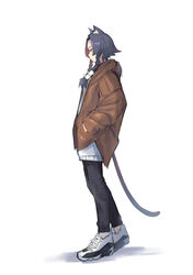  animal_ear_fluff animal_ears black_hair black_pants braid brown_jacket cat_ears cat_girl cat_tail closed_mouth commentary_request female from_side full_body hands_in_pockets highres jacket kamatpit long_hair long_sleeves original pants profile shoes short_hair_with_long_locks simple_background sneakers solo sweater tail twin_braids white_background white_footwear white_sweater 