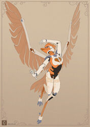  4_toes 5_fingers amarian anthro ball_joints beak big_wings breasts digital_media_(artwork) eyelashes feet female fingers floating hair hi_res humanoid_hands machine mechanical_wings open_mouth orange_eyes orange_hair robot simple_background solo toes wings 