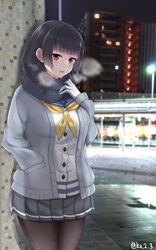  bad_id bad_twitter_id black_hair black_skirt blue_sailor_collar blurry blurry_background brown_pantyhose building female gloves hair_ribbon hand_in_pocket highres ibuki_grunt isokaze_(kancolle) kantai_collection lamppost looking_at_viewer neckerchief night outdoors pantyhose red_eyes red_ribbon ribbon sailor_collar scarf school_uniform serafuku shirt skirt solo tress_ribbon twitter_username visible_air white_gloves white_shirt yellow_neckerchief 