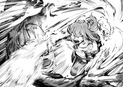  1boy action ahoge blank_eyes clenched_hand fate/grand_order fate_(series) female fujimaru_ritsuka_(female) greyscale highres jeancle_abel_meuniere mask monochrome munaage punching side_ponytail speed_lines torn_clothes torn_sleeves 