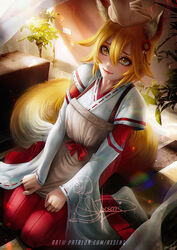  animal_ears apron axsen banned_artist blonde_hair closed_mouth detached_sleeves female fox_ears fox_girl fox_tail hair_between_eyes hair_ornament hakama headpat highres indoors japanese_clothes lips plant red_hakama ribbon-trimmed_sleeves ribbon_trim senko_(sewayaki_kitsune_no_senko-san) sewayaki_kitsune_no_senko-san short_hair sitting smile solo_focus tail wariza yellow_eyes 