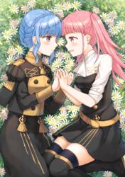  2girls belt black_footwear black_legwear blue_hair blue_thighhighs boots braid brown_eyes closed_mouth commentary_request crown_braid fire_emblem fire_emblem:_three_houses flower from_side fukuroumori garreg_mach_monastery_uniform highres hilda_valentine_goneril holding_hands long_hair long_sleeves lying marianne_von_edmund multiple_girls on_side open_mouth pink_eyes pink_hair thigh_boots thighhighs thighhighs_under_boots twintails uniform 