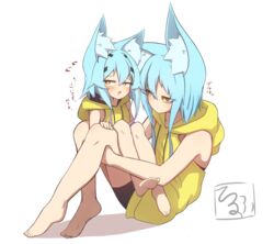  2girls absurdres animal_ear_fluff animal_ears bad_id bad_pixiv_id barefoot bike_shorts black_shorts blue_hair blush closed_mouth commentary_request drawstring feet flying_sweatdrops full_body gradient_hair hair_between_eyes highres hood hood_down hoodie idaten93 knees_up long_hair looking_at_another looking_away looking_to_the_side multicolored_hair multiple_girls open_mouth original pink_hair short_shorts shorts siblings sisters sitting smile soles sweat terufu-chan teruteru-chan toes translated white_background yellow_eyes yellow_hoodie 