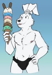  anthro black_clothing black_nose clothed clothing dessert food fur hi_res ice_cream ice_cream_cone lagomorph leporid male mammal miyamoto_usagi open_mouth rabbit simple_background solo tied_ears top_knot unsafescapewolf usagi_yojimbo white_body white_fur 