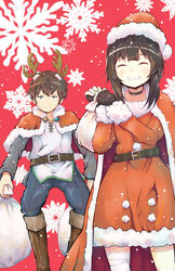  1boy absurdres amasuzume antlers belt black_gloves black_hair blush brown_hair choker closed_eyes dress female fingerless_gloves gloves green_eyes highres horns kono_subarashii_sekai_ni_shukufuku_wo! looking_at_viewer megumin red_dress santa_costume satou_kazuma short_hair_with_long_locks smile 