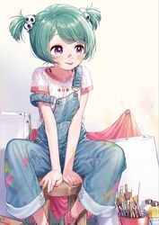  absurdres aqua_hair blush bottle canvas_(object) feet_out_of_frame female highres indie_virtual_youtuber overalls paintbrush purple_eyes saeki_yahiro saekiyahiro shirt short_sleeves short_twintails solo stool strap_slip twintails virtual_youtuber white_shirt 