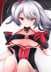  absurdres asymmetrical_hair azur_lane bare_shoulders black_choker black_one-piece_swimsuit blush breasts choker clothing_cutout cross female gloves grey_hair hand_up highres iron_cross knees_together_feet_apart knees_up long_hair looking_at_viewer medium_breasts one-piece_swimsuit osatou_(soul_of_sugar) parted_lips red_eyes red_gloves red_one-piece_swimsuit side_ponytail smile solo swimsuit two-tone_swimsuit u-410_(azur_lane) underboob underboob_cutout 