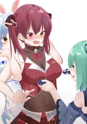  3girls @_@ absurdres animal_ears ascot belt blue_dress blush bodysuit bodysuit_under_clothes breast_envy breasts cleavage commentary covered_navel detached_sleeves dress empty_eyes fidget_spinner hair_ribbon heterochromia highres hololive houshou_marine houshou_marine_(1st_costume) large_breasts looking_at_another multiple_girls open_mouth pleated_skirt rabbit_ears red_ascot red_eyes red_hair red_skirt red_vest restrained ribbon simple_background skirt sleeveless small_breasts twintails uruha_rushia usada_pekora usada_pekora_(1st_costume) vest virtual_youtuber wavy_mouth white_background white_dress yellow_eyes zeppeki_shoujo 