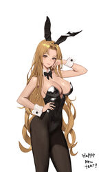  absurdres adjusting_hair alternate_costume animal_ears arm_up bare_shoulders black_bow black_bowtie black_hairband black_leotard black_pantyhose bow bowtie breasts brigid_(fire_emblem) brown_eyes brown_hair chinese_zodiac cleavage closed_mouth commission covered_navel detached_collar fake_animal_ears female fire_emblem fire_emblem:_genealogy_of_the_holy_war hairband hand_in_own_hair hand_on_own_hip happy_new_year highres jonbur_man large_breasts leotard long_hair looking_at_viewer pantyhose pixiv_commission playboy_bunny rabbit_ears smile solo strapless strapless_leotard very_long_hair wrist_cuffs year_of_the_rabbit 