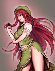  artist_name beret braid breasts contrapposto cowboy_shot envenomist_(gengoroumaru) female groin hat hat_ornament highres hong_meiling large_breasts long_hair looking_at_viewer no_panties puffy_short_sleeves puffy_sleeves red_hair short_sleeves side_slit simple_background solo star_(symbol) star_hat_ornament touhou twin_braids twitter_username very_long_hair 