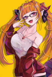  absurdres ahoge bare_shoulders black-framed_eyewear black_ribbon black_thighhighs blonde_hair blunt_bangs bow breasts bright_pupils camisole cleavage collarbone commentary_request cowboy_shot diagonal-striped_bow diagonal_stripes dragon_girl dragon_horns dragon_tail fangs female fingernails frilled_camisole frills glasses hair_intakes hair_ribbon hand_up highres hololive horn_bow horn_ornament horns jacket jewelry kiryu_coco kiryu_coco_(loungewear) light_blush long_fingernails long_hair long_sleeves looking_at_viewer mamiya_miya medium_breasts multicolored_eyes multicolored_hair off_shoulder official_alternate_costume open_clothes open_jacket open_mouth orange_hair partially_unzipped pendant pointy_ears purple_eyes purple_nails red_eyes red_jacket ribbon scales see-through sidelocks simple_background solo spaghetti_strap strap_slip streaked_hair striped striped_bow tail thighhighs track_jacket twintails virtual_youtuber white_camisole white_pupils yellow_background zipper zipper_pull_tab 