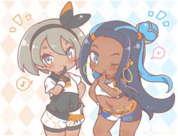  2girls argyle_background armlet bea_(pokemon) belly_chain bikini black_bodysuit black_hair black_hairband blue_eyes blue_eyeshadow blue_hair blush_stickers bodysuit bodysuit_under_clothes chibi commentary_request covered_navel cowboy_shot crop_top dark-skinned_female dark_skin earrings eyeliner eyeshadow finger_to_mouth gloves grey_eyes grey_hair hair_between_eyes hair_bun hairband hand_on_own_hip heart hoop_earrings jewelry leaning_forward long_hair looking_at_viewer makeup midriff mitarashi_neko multicolored_hair multiple_girls musical_note navel nessa_(pokemon) notice_lines one_eye_closed pokemon pokemon_swsh print_shorts shirt short_hair short_sleeves shorts sidelocks single_glove single_hair_bun sleeveless smile spoken_heart spoken_musical_note sportswear swimsuit tankini tied_shirt twitter_username two-tone_background two-tone_gloves two-tone_hair wristband 