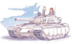  3girls black_eyes blonde_hair blush breasts caterpillar_tracks commentary_request emblem gundam gundam_ms_igloo highres kosai_takayuki light_brown_hair long_hair looking_at_viewer magella_attack magella_eins military military_uniform military_vehicle motor_vehicle multiple_girls orange_hair original silhouette smile tank traditional_media twintails uniform 