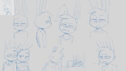  16:9 2021 agidyne anthro bed blush disgust duo eye_contact female furniture hi_res lagomorph leporid looking_at_another looking_at_viewer lying lying_on_bed male male/female mammal on_bed rabbit rose_(agidyne) shoulder_bump simple_background solo stephen_(agidyne) widescreen 