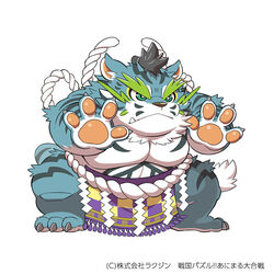  1:1 2019 anthro asian_clothing belly blue_body blue_fur clothing cute_fangs east_asian_clothing felid fringe_bottomwear fringe_clothing fringe_trim fur humanoid_hands japanese_clothing japanese_text kinoshita-jiroh male mammal mawashi overweight overweight_anthro overweight_male pantherine raiden_shin&#039;emon sagari sengoku_puzzle simple_background solo sumo tassels text tiger white_background white_body white_fur 