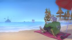  16:9 beach card clothing felid feline final_fantasy final_fantasy_xiv hi_res hrothgar mammal mendobear sea seaside shaded sitting square_enix sun water widescreen 