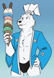  anthro black_clothing black_nose blue_clothing clothed clothing dessert food fur hi_res ice_cream ice_cream_cone lagomorph leporid male mammal miyamoto_usagi open_clothing open_topwear rabbit robe simple_background solo symbol tied_ears top_knot topwear unsafescapewolf usagi_yojimbo white_body white_fur 