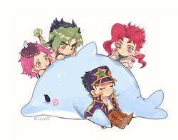  3boys bad_id bad_pixiv_id black_hair braid cako_(a_ben) chibi female genderswap_(ftm) genderswap_(mtf) green_eyes green_hair hat jojo_no_kimyou_na_bouken kakyoin_noriaki kujo_jolyne lab_coat multicolored_hair multiple_boys narciso_anasui pink_eyes pink_hair purple_eyes red_hair rule_63 scar scar_across_eye short_hair sleeping stardust_crusaders stone_ocean stuffed_animal stuffed_dolphin stuffed_toy two-tone_hair 