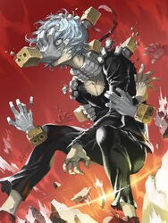  1boy artist_name black_pants black_shirt blue_hair boku_no_hero_academia collarbone costume drama_layer hands highres leaning_forward light_blue_hair long_sleeves male_focus pants red_footwear scoop_neck shigaraki_tomura shirt short_hair signature skinny solo van_(yoroshigu) wavy_hair 