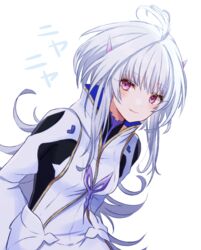  ahoge bodysuit fate/grand_order fate/grand_order_arcade fate/prototype fate_(series) female hoshino_hikari long_hair looking_at_viewer merlin_(fate/prototype) merlin_(fate/prototype)_(second_ascension) purple_eyes robe sidelocks smile solo white_hair 