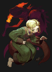  animal barefoot blonde_hair braid cape creature dress drooling elden_ring evil_smile fangs feet female flat_chest forked_tongue green_dress green_eyes hair_bun highres holding holding_animal holding_torch looking_at_viewer mouse_(animal) open_mouth poch4n reptile rya_(elden_ring) saliva scared sharp_teeth shield short_bangs smile snake sweat tail teeth toenails toes tongue torch twin_braids wavy_mouth wide_sleeves 