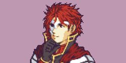  1boy bad_id bad_twitter_id buskhusker cape character_request close-up closed_mouth fire_emblem hand_on_own_chin highres looking_ahead male_focus mask_over_one_eye original pixel_art portrait purple_background red_cape red_eyes red_hair simple_background smile solo 