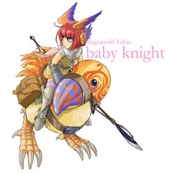  animal armor armored_boots bird blue_eyes boots breastplate brown_cape cape chainmail character_name closed_mouth commentary_request copyright_name cross fake_wings female full_body head_wings holding holding_polearm holding_weapon kirimochi_niwe knight_(ragnarok_online) lolicon looking_afar multicolored_wings oversized_animal pauldrons peco_peco polearm pouch purple_thighhighs ragnarok_online red_eyes short_hair shoulder_armor simple_background solo spear thighhighs weapon white_background wings 