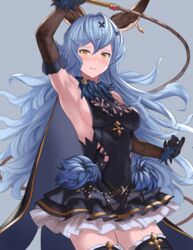  animal_ears aqua_(popogori) arm_up armpits bare_shoulders black_dress blue_cape blue_hair blush breasts cape commentary covered_navel curly_hair dress earrings elbow_gloves erune female ferry_(granblue_fantasy) frown gloves granblue_fantasy grey_background hair_between_eyes hair_ornament hairclip high-waist_sideboob holding holding_whip jewelry long_hair looking_at_viewer medium_breasts sideless_outfit simple_background single_earring skin_tight solo very_long_hair whip x_hair_ornament yellow_eyes 