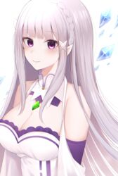  bangs bare_shoulders blunt_bangs blush braid breasts cleavage closed_mouth commentary_request crown_braid crystal detached_sleeves dress emilia_(re:zero) eyebrows_visible_through_hair female flower gem hair_ornament highres large_breasts long_hair looking_at_viewer nerua pointy_ears purple_eyes re:zero_kara_hajimeru_isekai_seikatsu silver_hair simple_background smile solo upper_body white_background white_dress white_flower x_hair_ornament 