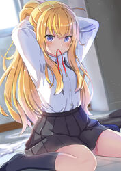  absurdres adjusting_hair black_skirt black_socks blonde_hair blue_eyes blush commentary_request day female gabriel_dropout gabriel_tenma_white hair_tie_in_mouth highres indoors kneehighs long_hair looking_at_viewer mouth_hold on_floor pleated_skirt ponytail red_ribbon ribbon school_uniform seiza shirt sitting skirt socks solo tenma-gav tying_hair uniform very_long_hair white_shirt 